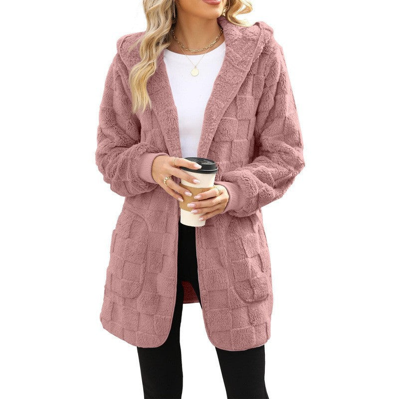 Women's cozy hooded long jacket made of teddy fleece with patch pockets and textured check pattern Mune Fashion