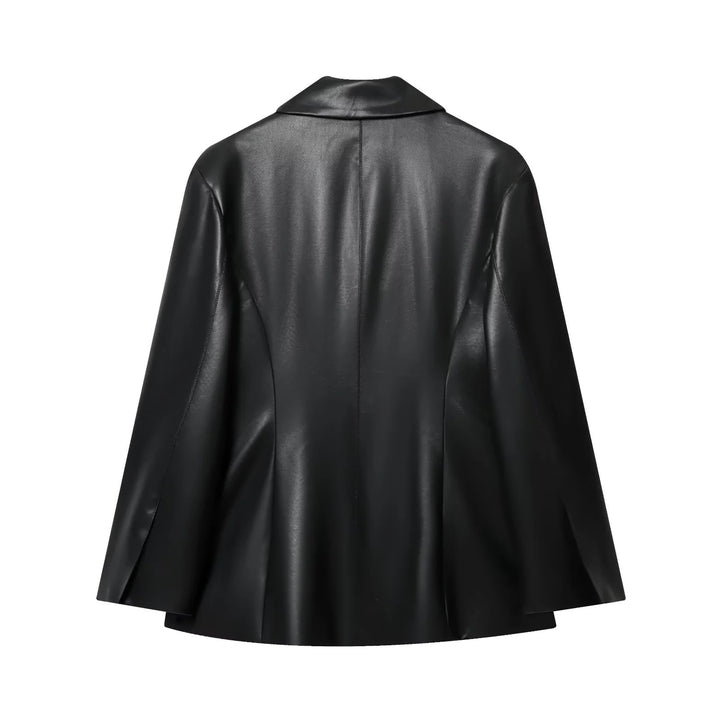 Women’s luxurious vegan blazer in leather look with slim silhouette, shawl collar and patch pockets Mune Fashion