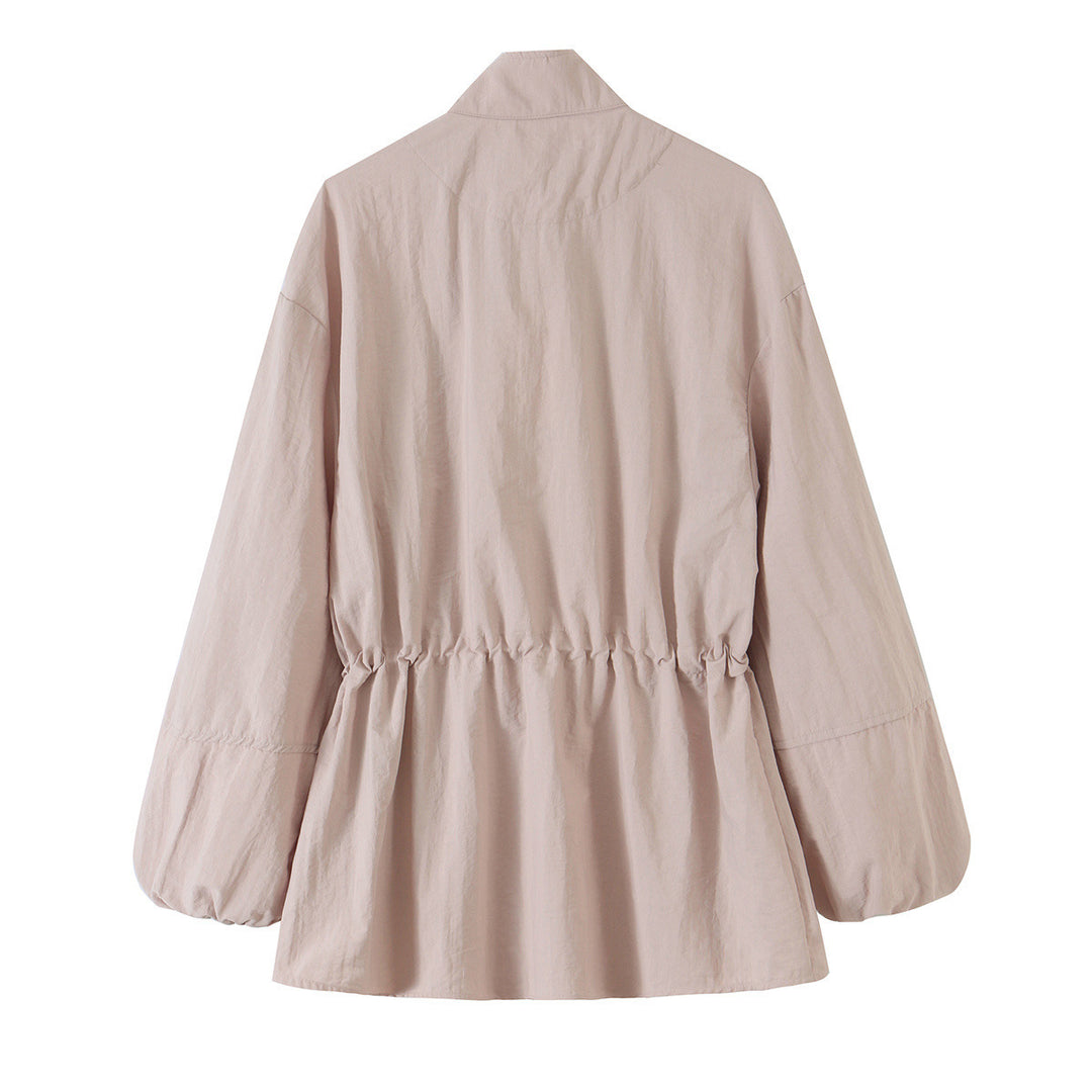 Women's Tailored Windbreaker with Drawstring, Stand Collar and Balloon Sleeves Mune Fashion
