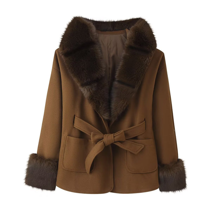 Women's Short Wool Blend Coat with Faux Fur Collar, Waist Belt and Patch Pockets Mune Fashion