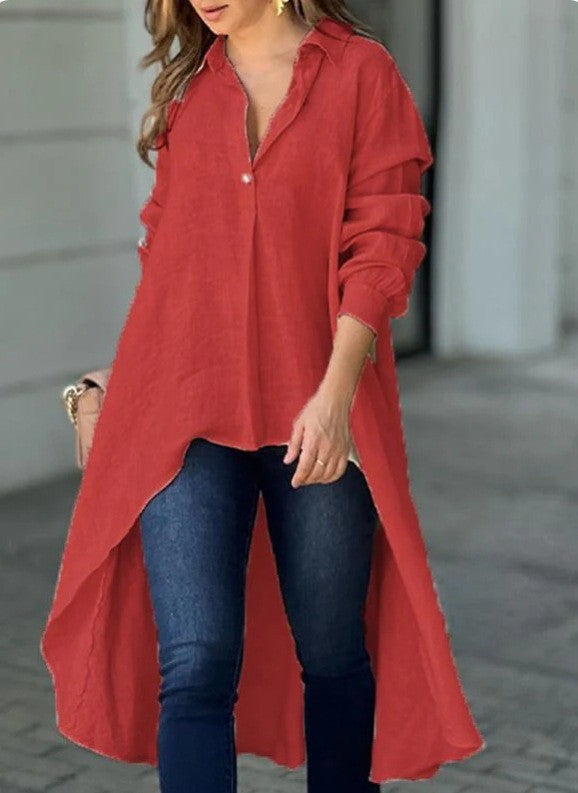 Women Lightweight Linen Tunic Blouse with Asymmetric High-Low Tail and Shirt Collar Mune Fashion