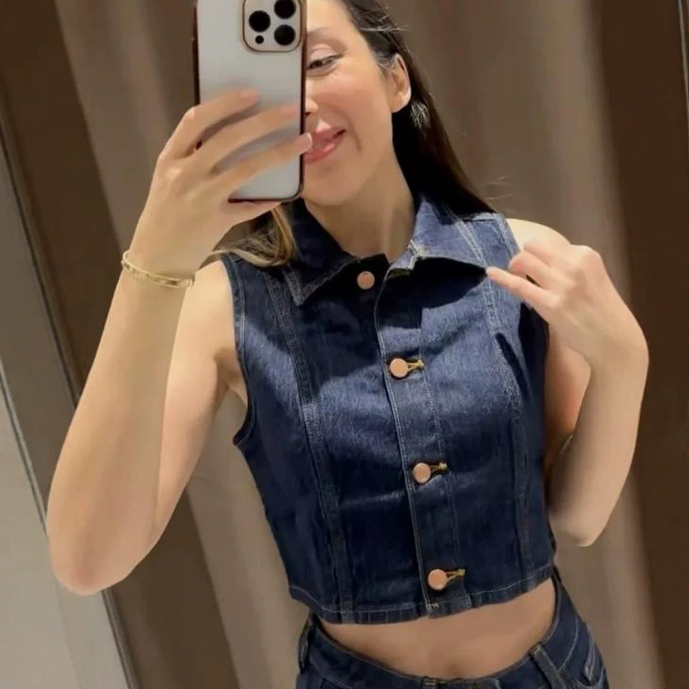 Women Short Cut Denim Vest with Tailored Paneling and Metal Button Placket Mune Fashion
