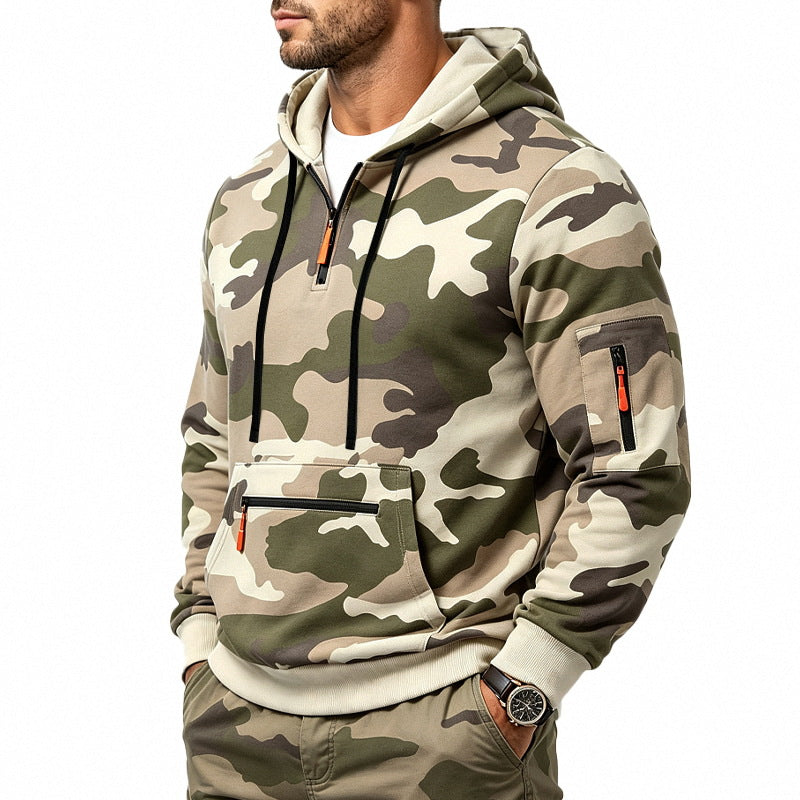 Men's Hoodie with Camouflage Pattern, Zipper Pockets and Kangaroo Pocket Mune Fashion