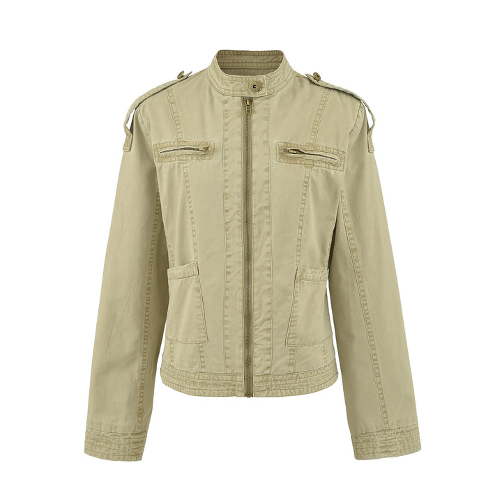Women's field jacket with stand-up collar, shoulder flaps and golden zippers Mune Fashion