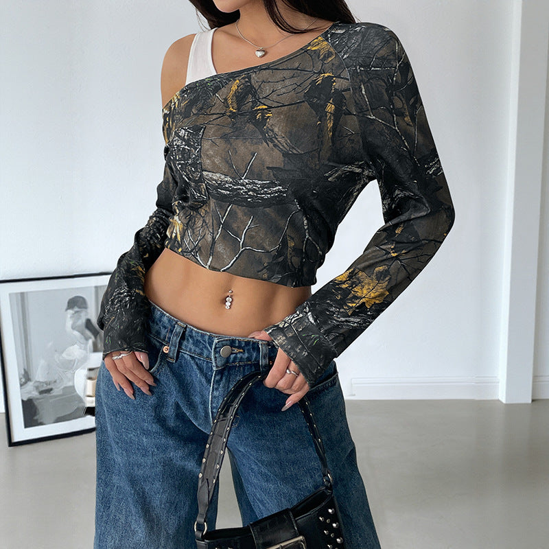 Women's Off-Shoulder Long Sleeve Shirt with Camouflage Forest Print Mune Fashion