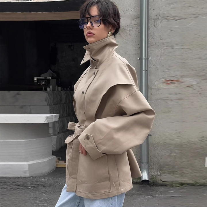 Women's Tailored Transition Jacket with Stand Collar, Shoulder Cape and Belt Mune Fashion
