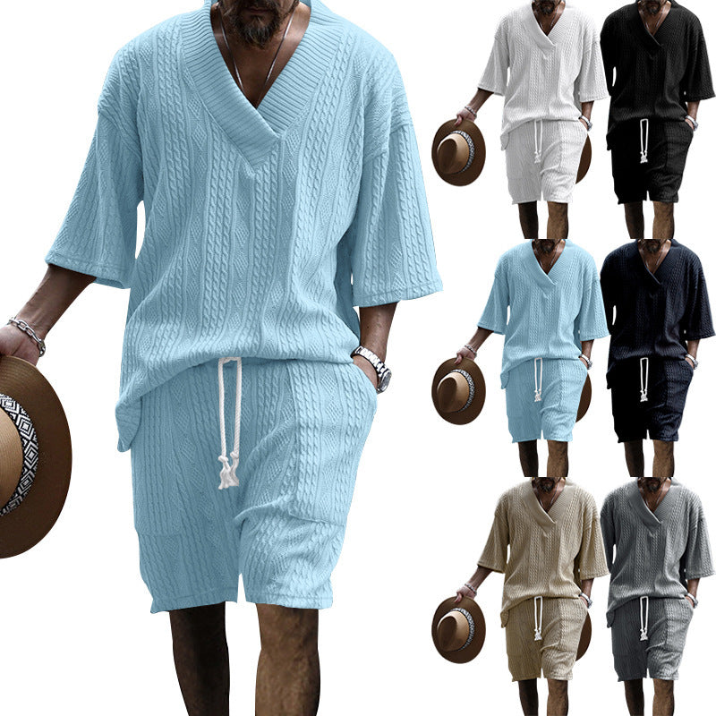 Men's casual structured knit set with deep V-neck boxy short sleeve sweater and drawstring shorts Mune Fashion