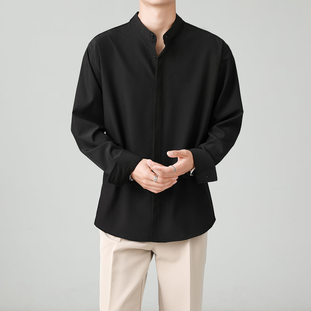 Men's Loose Stand Collar Shirt with Concealed Button Placket Mune Fashion