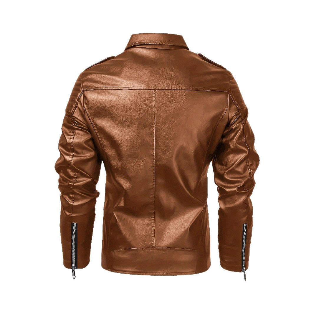 Men's biker jacket made of faux leather with asymmetrical zipper and padded shoulder inserts Mune Fashion