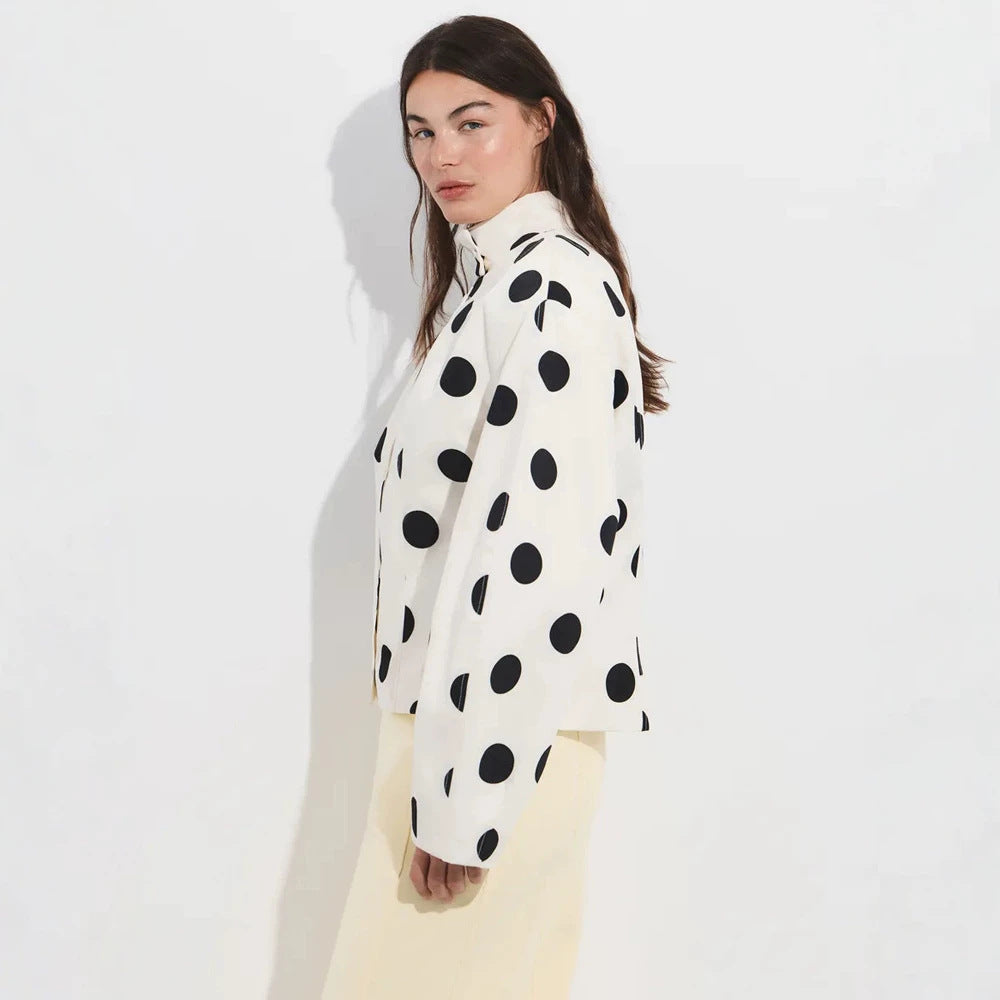 Women's Polka Dot Stand Collar Blouse with Oversized Sleeves and Boxy Cropped Silhouette Mune Fashion