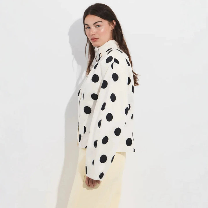 Women's Polka Dot Stand Collar Blouse with Oversized Sleeves and Boxy Cropped Silhouette Mune Fashion