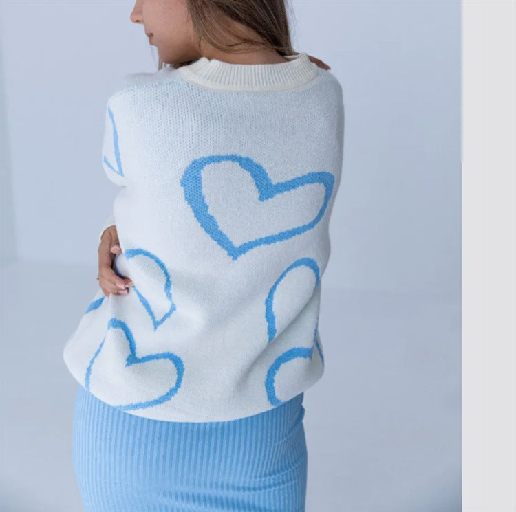 Women's Cozy Jacquard Sweater with Heart Motif and Loose Oversized Fit Mune Fashion