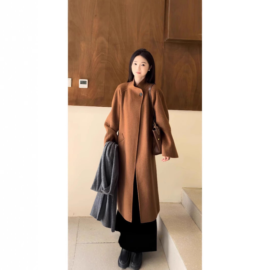 Women's Oversized Wool Coat with Stand Collar and Single-Button Closure Mune Fashion