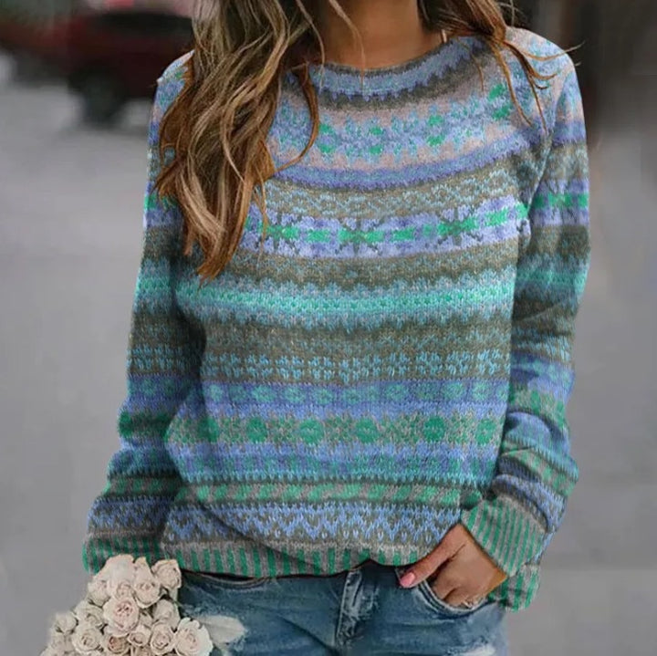 Women's patterned knit sweater with round neck, Fair Isle pattern, and casual oversized fit Mune Fashion
