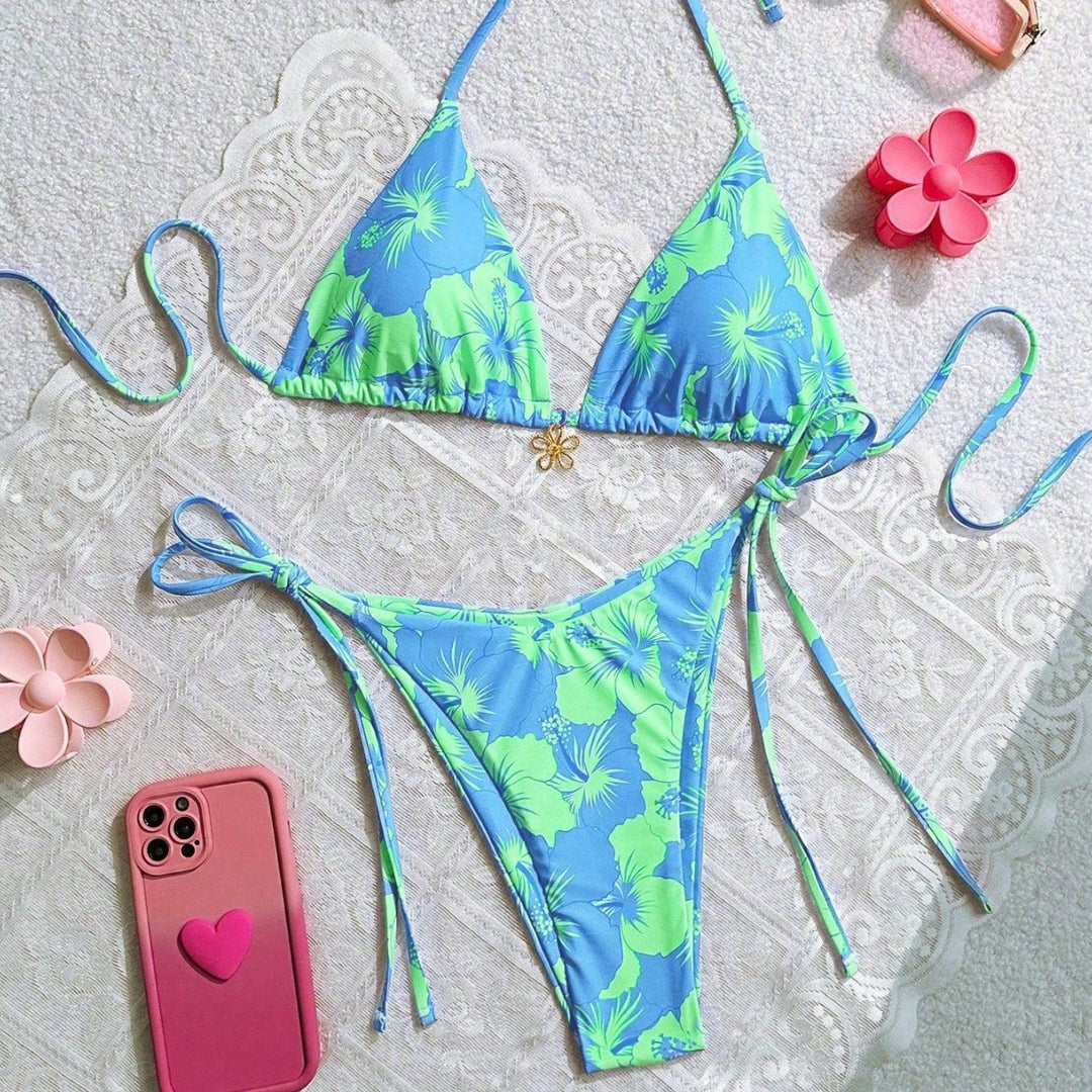 Women's triangle bikini with floral accents and intricate ties Mune Fashion