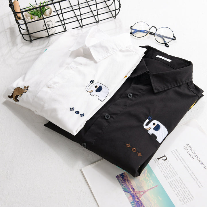 Women's Loose Cotton Shirt with Hand-Embroidered Safari Motifs Mune Fashion