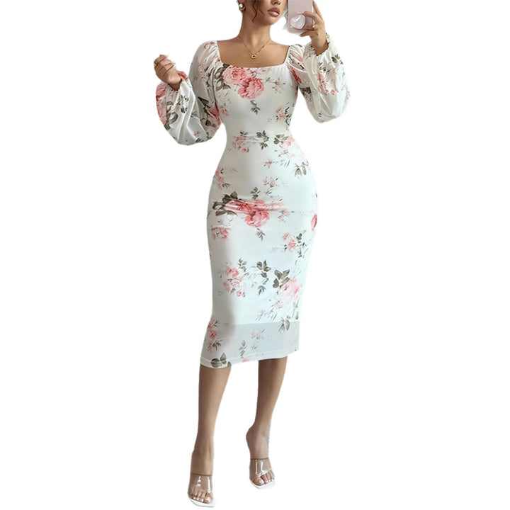 Women's tailored midi dress with square neckline, balloon sleeves, and floral stretch jersey Mune Fashion