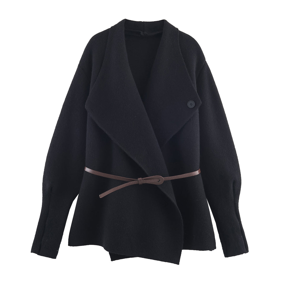 Women's Short Cut Wool Blend Cardigan Coat with Wide Shawl Collar and Narrow Tie Belt Mune Fashion