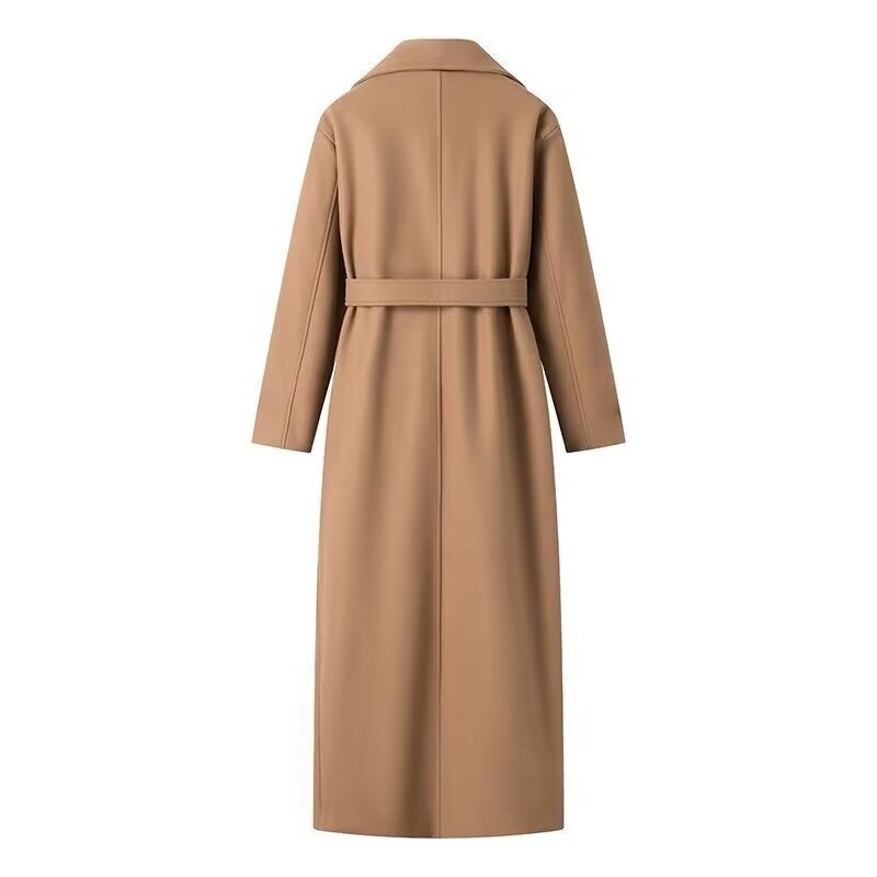 Women's Double-Breasted Maxi Length Trench Coat with Tie Belt and Cape Overlay Mune Fashion