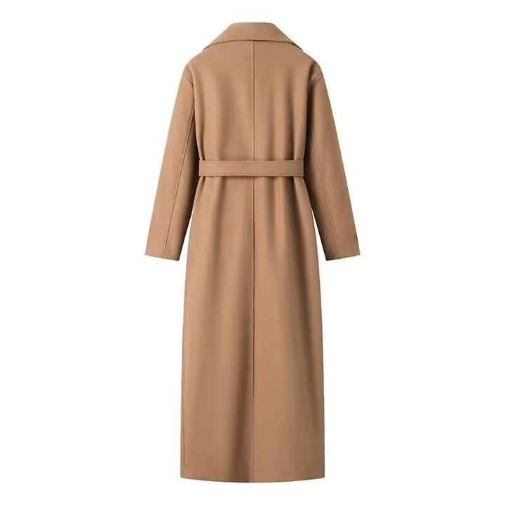 Women's Double-Breasted Maxi Length Trench Coat with Tie Belt and Cape Overlay Mune Fashion