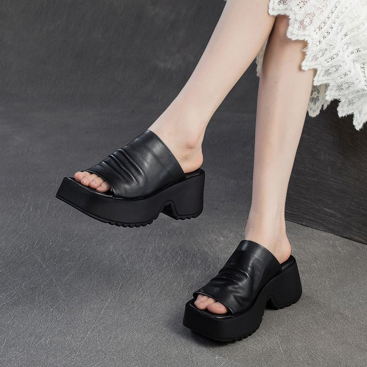 Women's Padded Platform Slides with Sculpted Profile Sole and Gathered Leather Upper Mune Fashion
