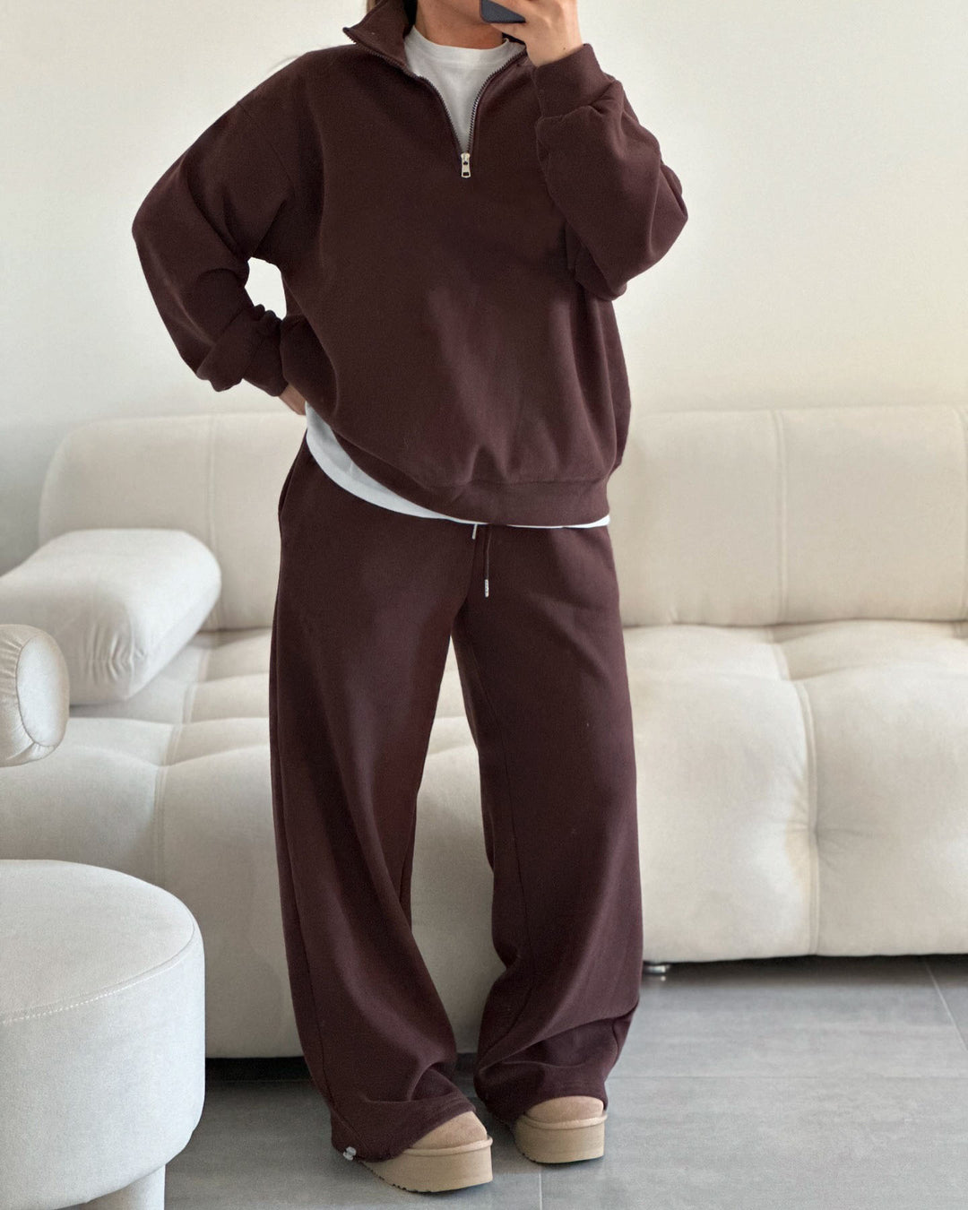 Women's Oversize Sweatshirt with Half Zip and High Stand-up Collar Mune Fashion