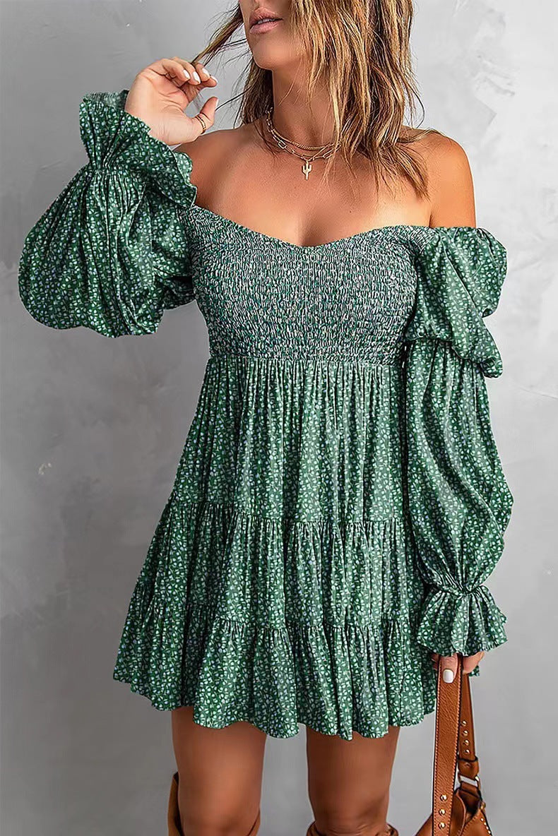 Women Off-Shoulder Mini Dress with Smocked Top, Ruffle Tiers and Gathered Balloon Sleeves Mune Fashion