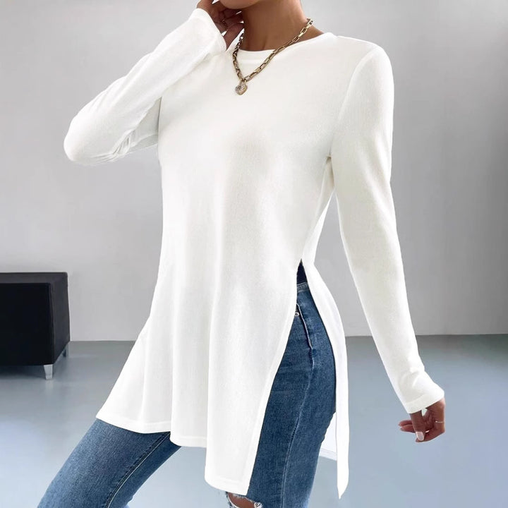 Women's Long Fine Knit Tunic Shirt with Side Slits and Rounded Hem Drune