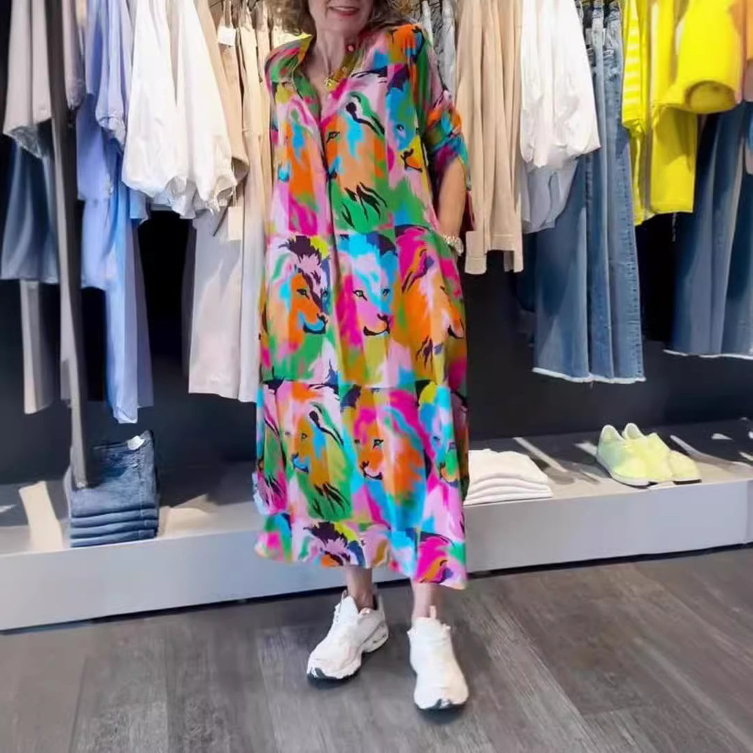 Women's shirt dress maxi dress with pop art lion print, button placket and side pockets Mune Fashion