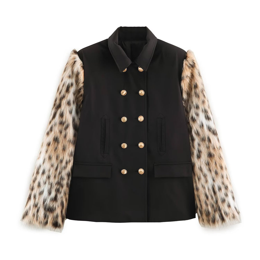 Women's Double-Breasted Short Jacket with Faux Fur Sleeves Mune Fashion