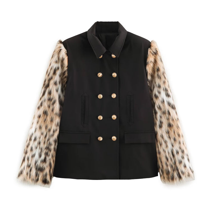 Women's Double-Breasted Short Jacket with Faux Fur Sleeves Mune Fashion