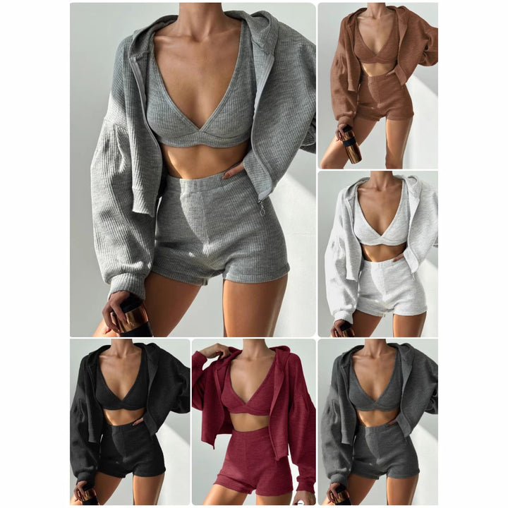 Women Ribbed Lounge Set with Zip Hoodie, Stretch Bralette and High-Waist Shorts Mune Fashion