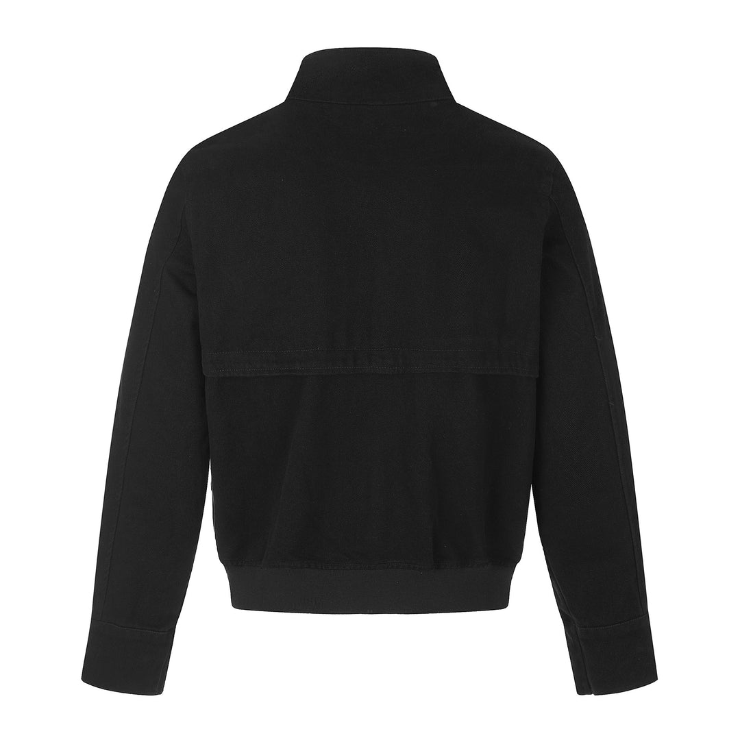 Women's short jacket in boxy cut with stand-up collar, buckle straps, and flap pockets.