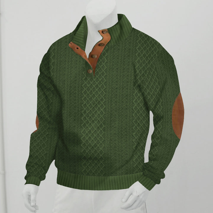 Men's Structured Aran Knit Sweater with Half Button Placket Collar and Leather Elbow Patches Mune Fashion