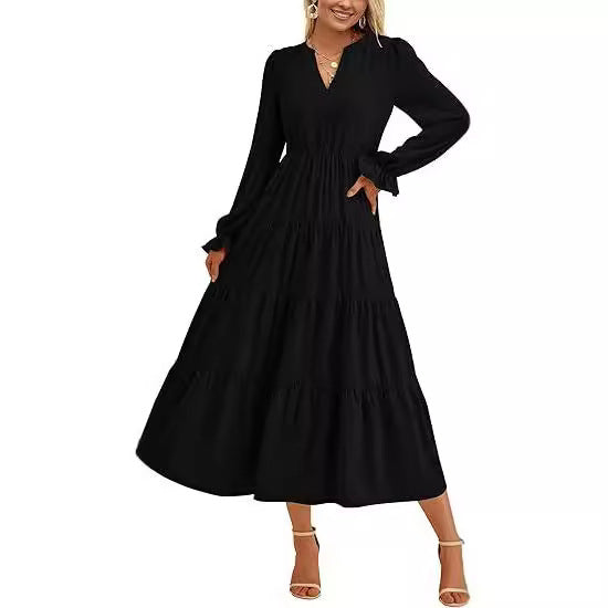 Women's Tiered Midi Dress with V-Neck, Gathered Waist Seam and Ruffle Cuffs Mune Fashion