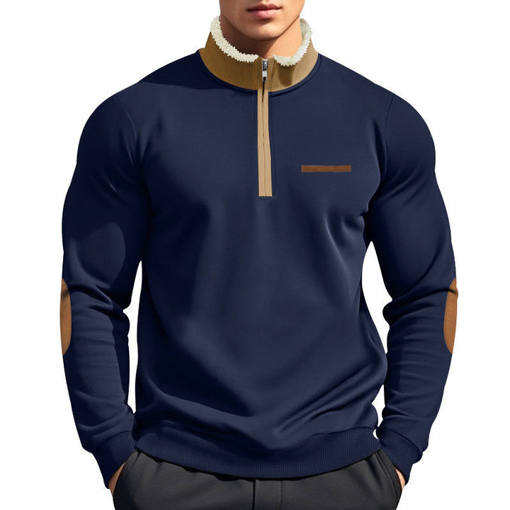 Men's half-zip troyer with teddy fleece collar and leather elbow patches Mune Fashion
