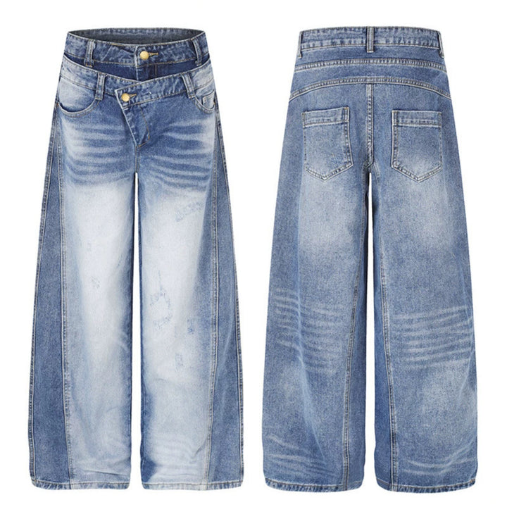 Women's jeans pants with wide culotte cut, asymmetrical double waistband and contrast side panels Mune Fashion