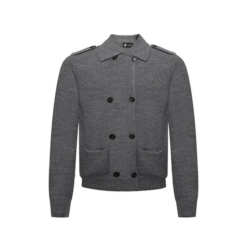 Men's knit double-breasted cardigan with collar, shoulder tabs, and welt pockets Mune Fashion