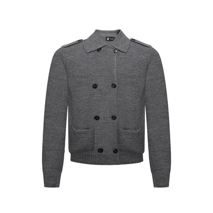 Men's knit double-breasted cardigan with collar, shoulder tabs, and welt pockets Mune Fashion