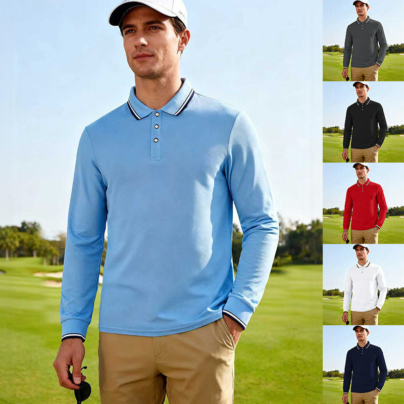 Men's Long-Sleeved Performance Golf Polo Shirt with Contrast Collar Mune Fashion