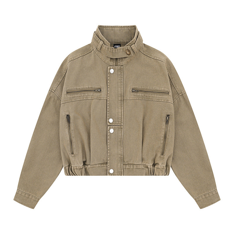Women's Cropped Utility Bomber Jacket with Stand-Up Collar, Zipper Pockets and Elastic Cuffs Mune Fashion