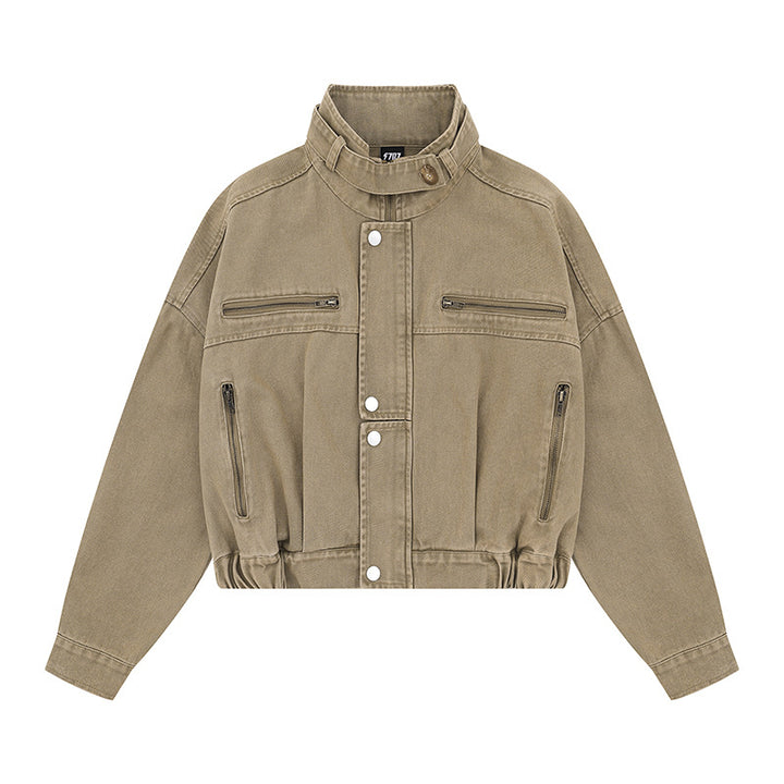 Women's Cropped Utility Bomber Jacket with Stand-Up Collar, Zipper Pockets and Elastic Cuffs Mune Fashion