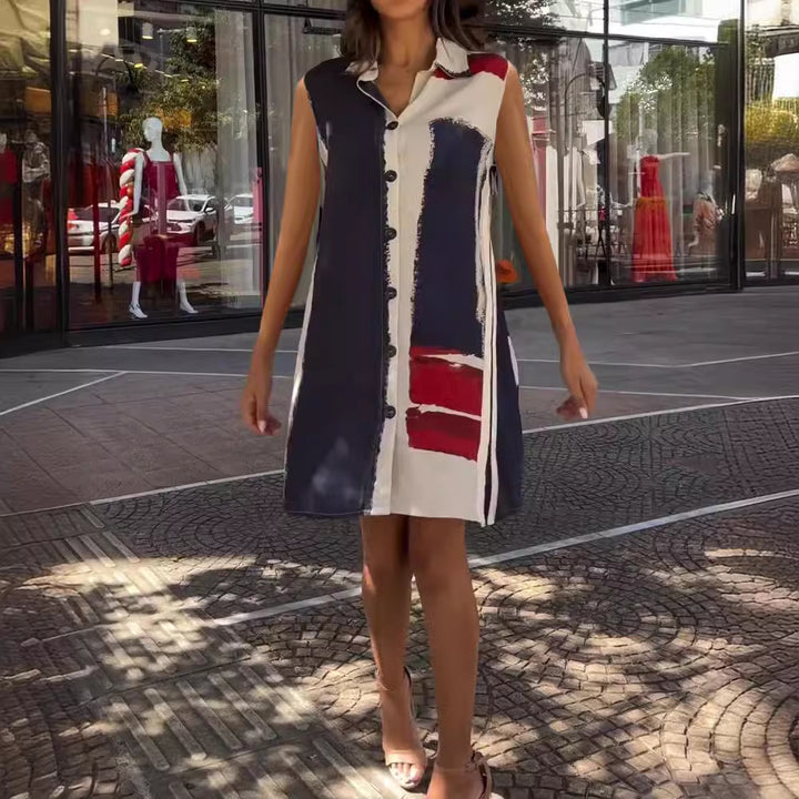 Women's sleeveless shirt tunic dress with collar, full button placket and graphic block print Mune Fashion
