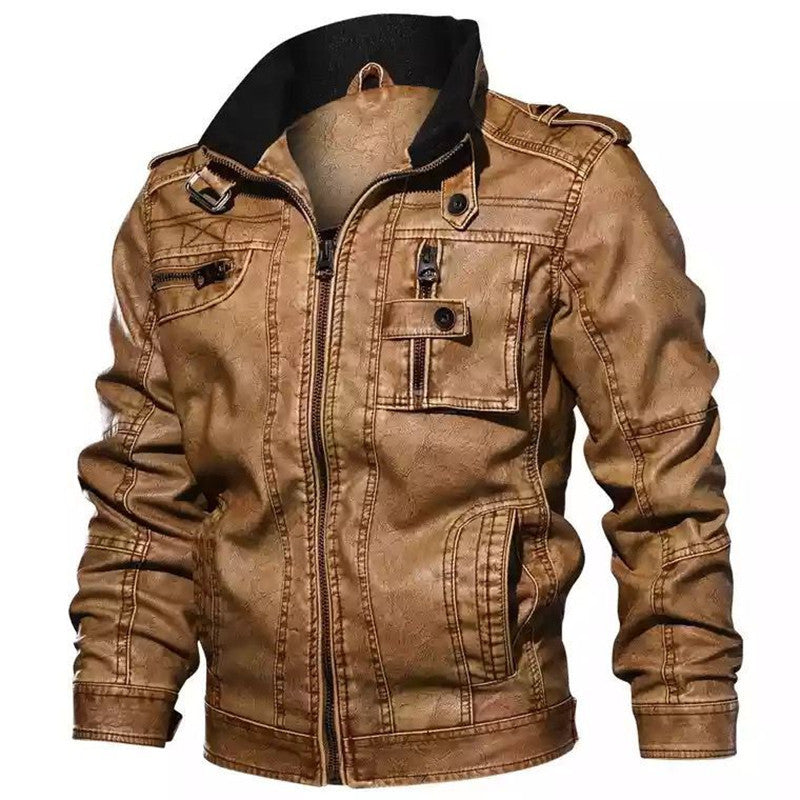 Men's biker jacket made of synthetic leather with stand-up collar, striking decorative seams, and multiple pocket details Mune Fashion