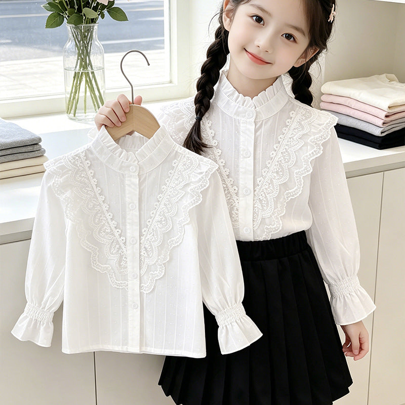 Girls elegant blouse with ruffle details and lace trim Mune Fashion