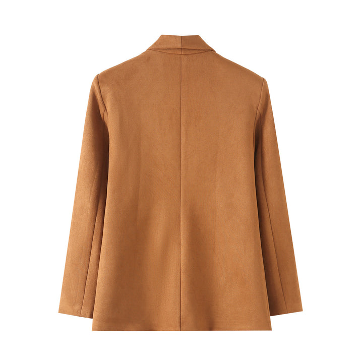 Women's long cut blazer in suede imitation with soft shawl collar and piped welt pockets Mune Fashion