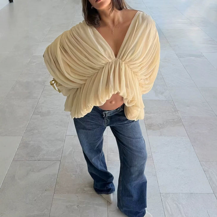 Women's Draped Chiffon Top with V-Neck and Voluminous Batwing Sleeves Mune Fashion