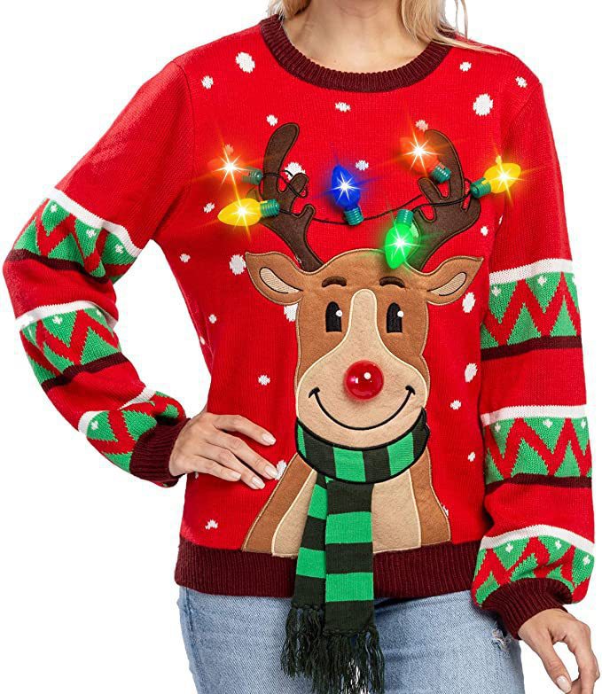 Women's Christmas sweater with reindeer appliqué, integrated light string, and three-dimensional nose pom-pom Mune Fashion