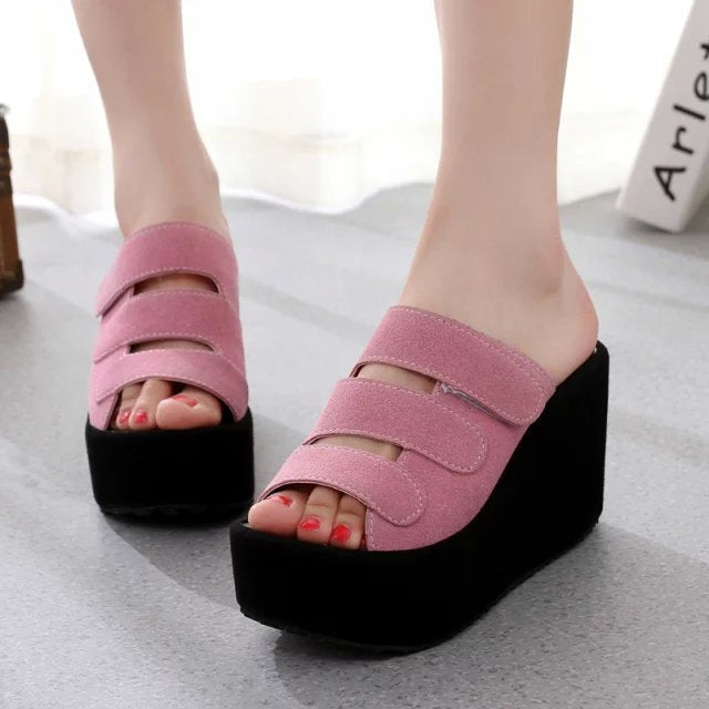 Women's triple adjustable Velcro sandals with high platform wedge heel Mune Fashion