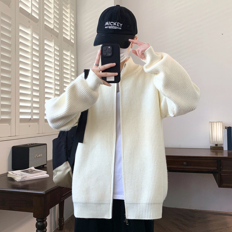 Men's Oversized Knit Zip Jacket with High Stand-Up Collar and Fine Rib Structure Mune Fashion
